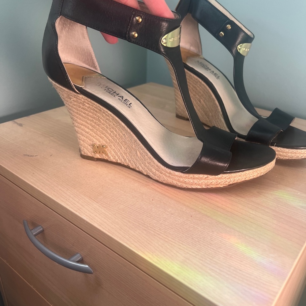 Michael Kors Black and Tan Wedge Sandals